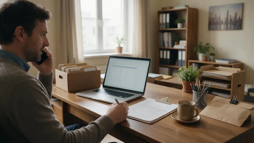 A landlord on the phone at a desk reviewing paperwork as part of the step-by-step tenancy reference process