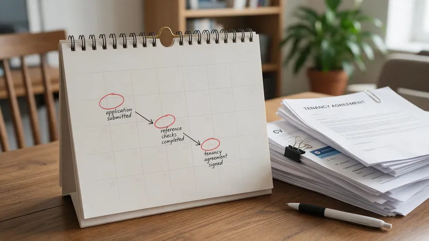 A calendar showing the application submitted, reference checks completed and tenancy agreement signed milestones of a tenancy reference timeline