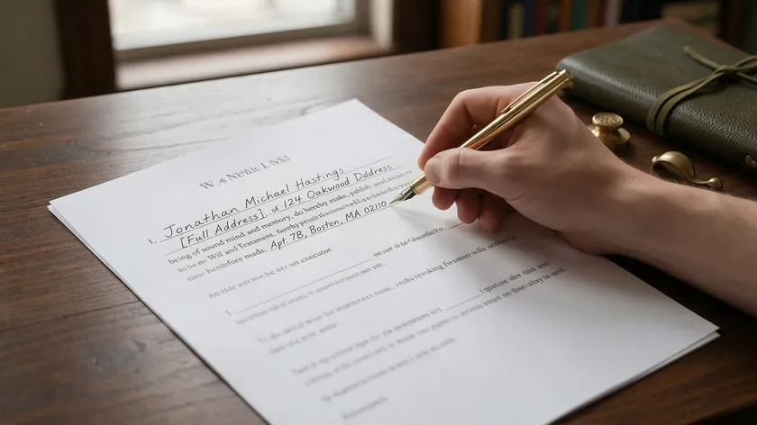 A hand writing a full legal name and address into the opening declaration section of a will template.
