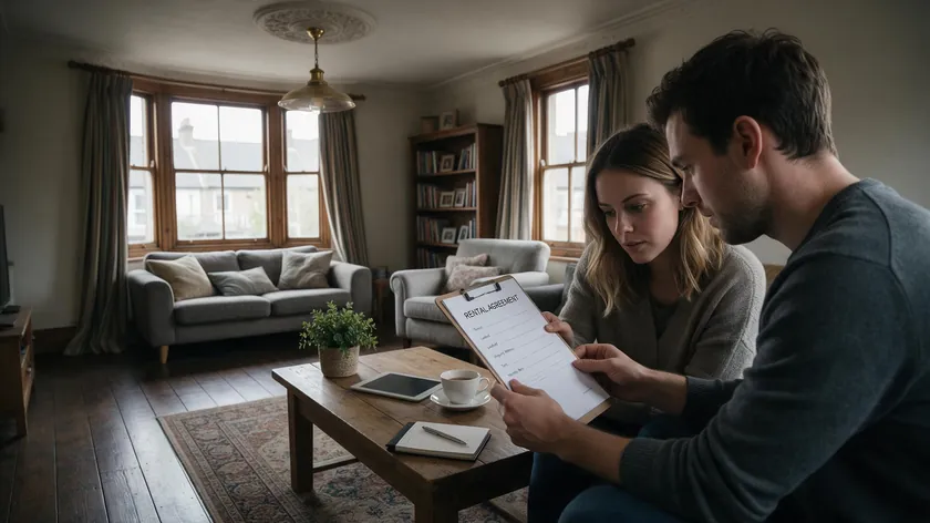 Couple reviewing a rental agreement clipboard while discussing their tenancy agreement template in the living room