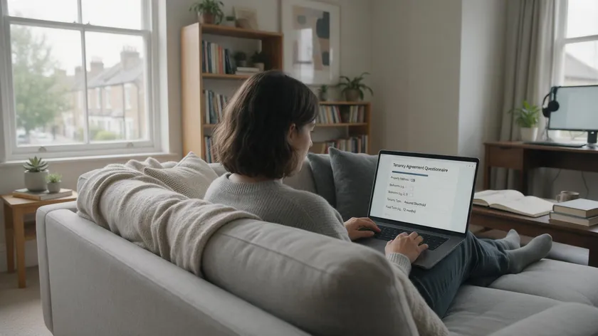 Person filling out the Documentify tenancy agreement template questionnaire on a laptop at home