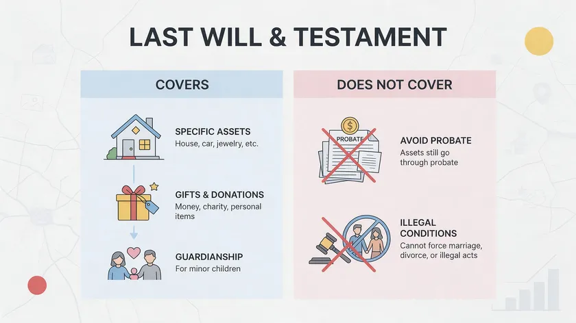 Infographic showing what a last will can cover, such as specific gifts and guardianship, versus what it cannot cover, like avoiding probate.