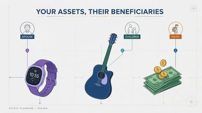 Illustration linking specific gifts such as a watch, a guitar and money to different named beneficiaries in a will.