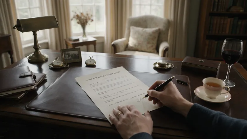 A person signing a will document at a desk, choosing their own executors and beneficiaries.