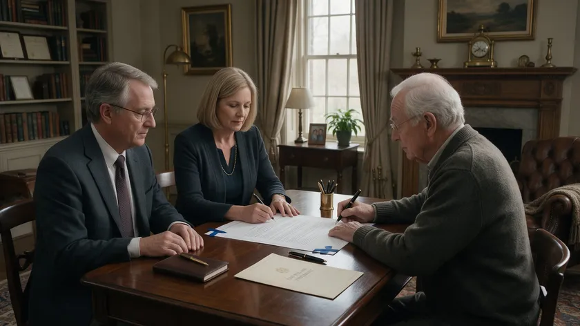 A testator signing their will while two independent witnesses look on, as required under the Wills Act 1837.