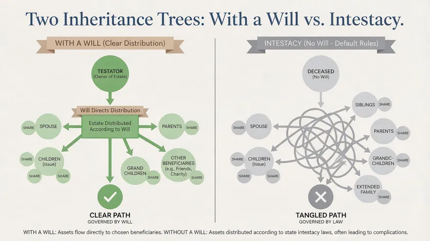 Diagram comparing how an estate is distributed with a will versus under UK intestacy rules.